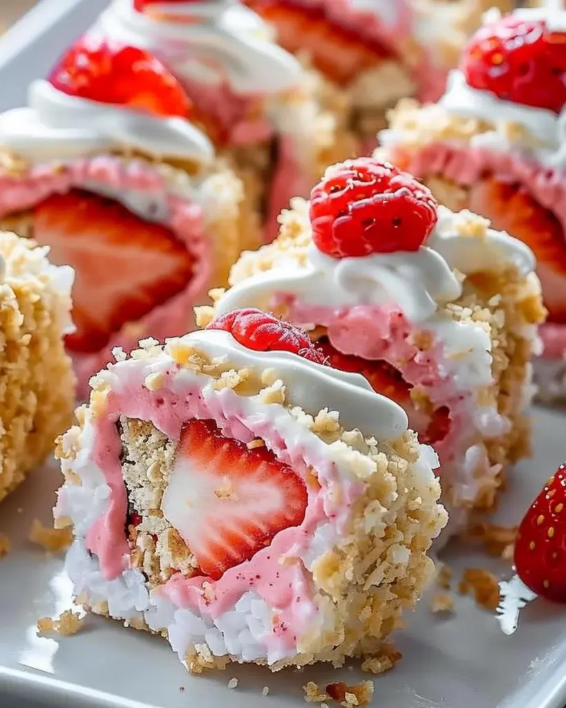 strawberry shortcake cheesecake dessert sushi rolls