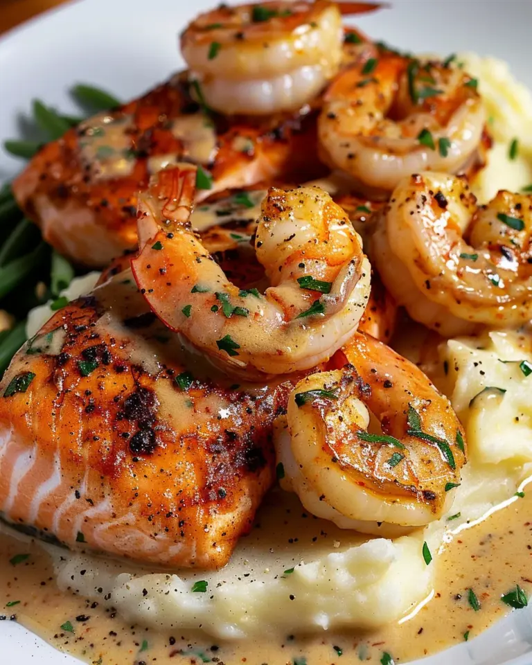 Cajun Shrimp and Salmon with Garlic Cream Sauce, Mashed Potatoes, and Green Beans: A Flavor-Packed Dinner to Impress