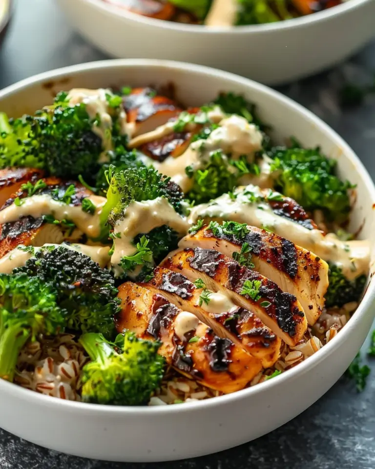 Grilled Chicken & Broccoli Bowls with Creamy Garlic Sauce