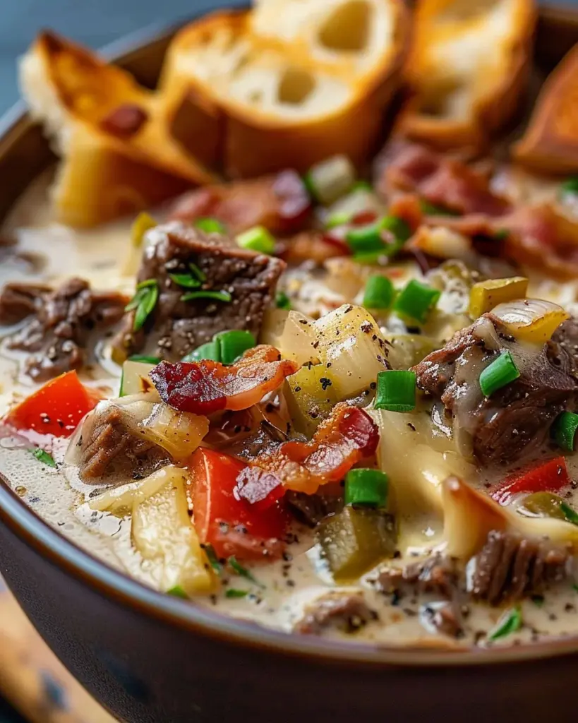 One-Pot Philly Cheesesteak Soup with Bacon and Cheesy Toast