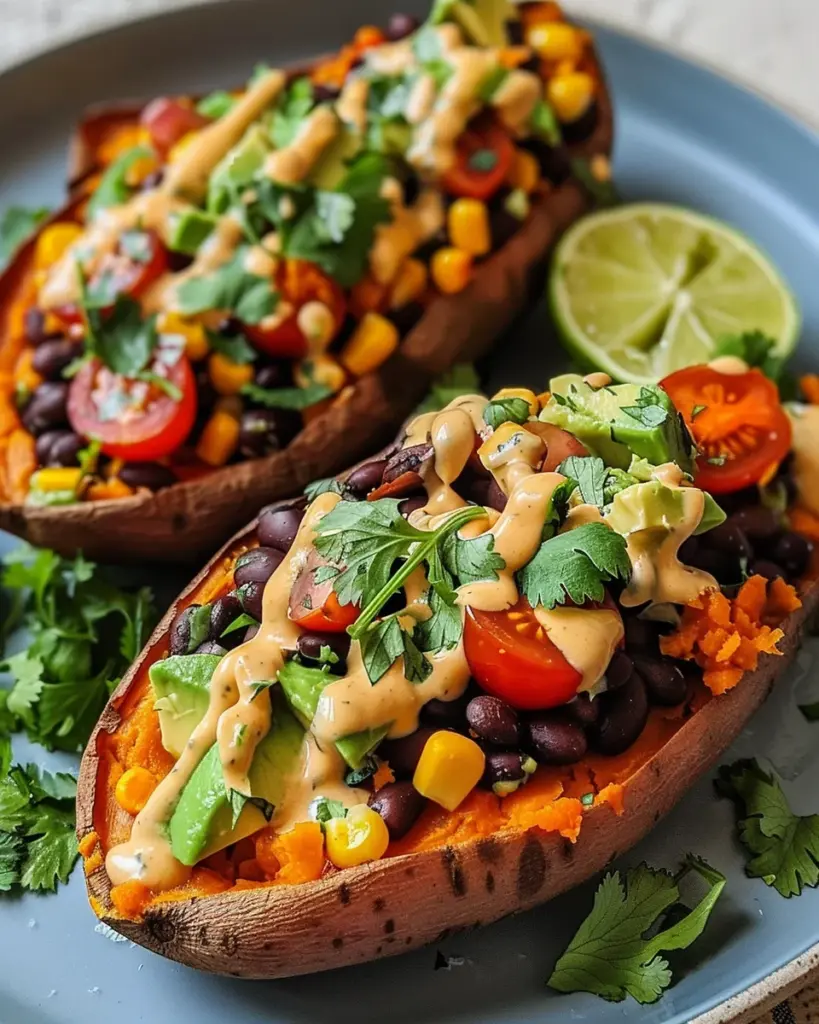 Stuffed Sweet Potato with Avocado, Black Beans & Cilantro Lime Crema