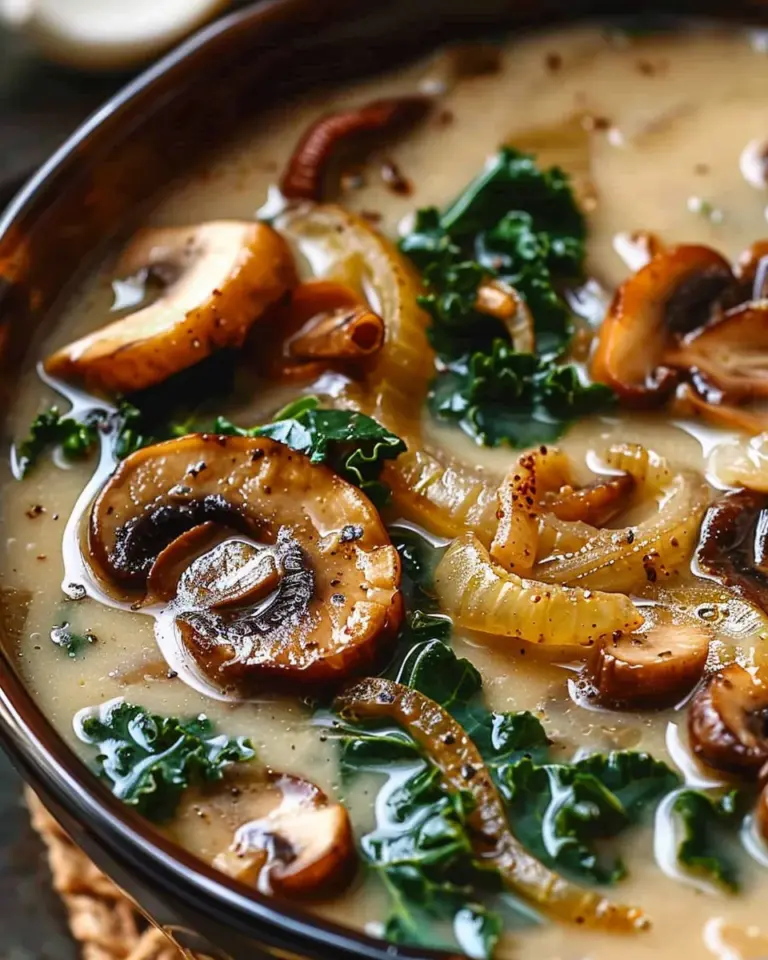 Wild Mushroom, Caramelized Onion and Kale Soup