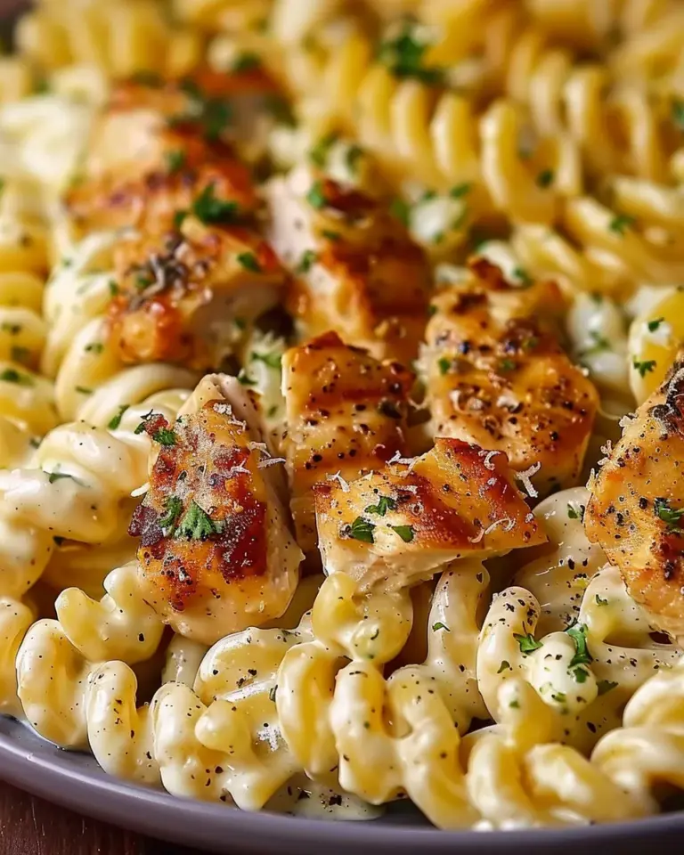 Cheesy Alfredo Twisted Pasta with Golden Garlic Butter Chicken in Creamy Sauce