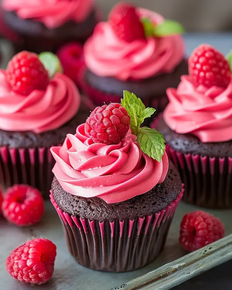 Dark Chocolate Cupcakes with Raspberry Buttercream Frosting