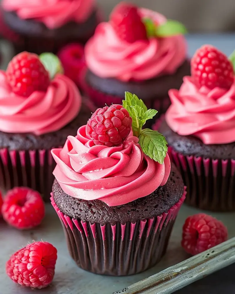 Dark Chocolate Cupcakes with Raspberry Buttercream Frosting