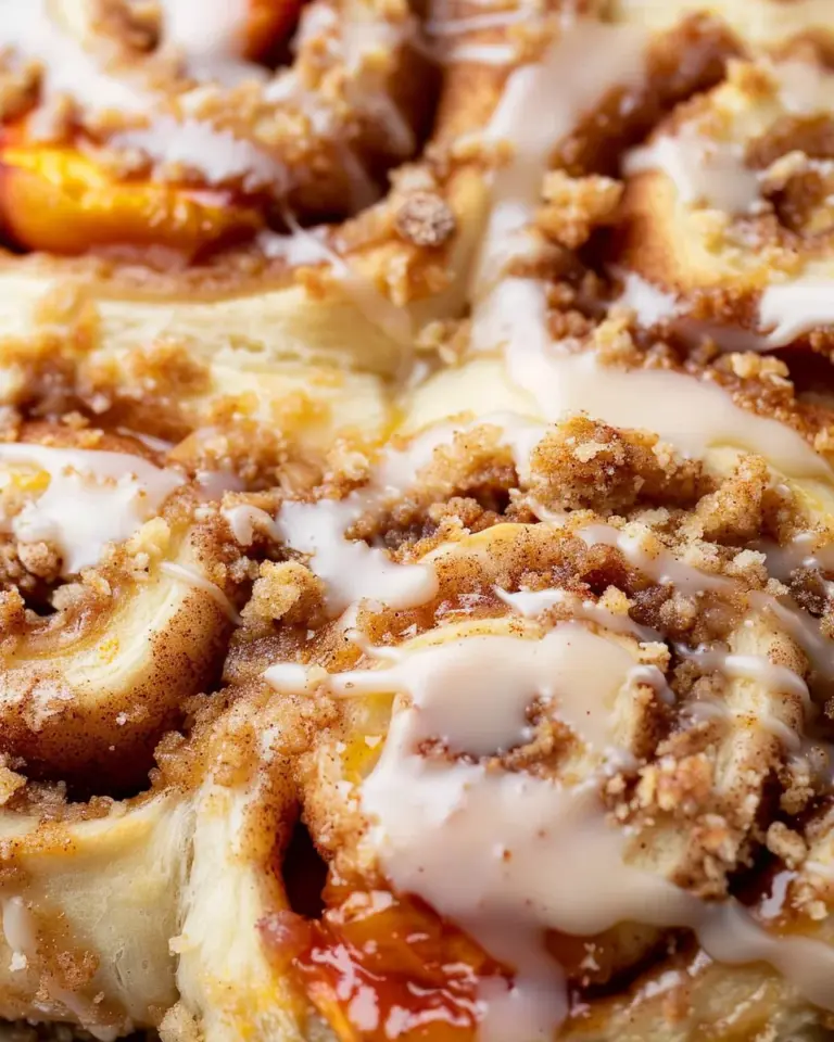 Peach Cobbler Cinnamon Rolls with Crumb Topping