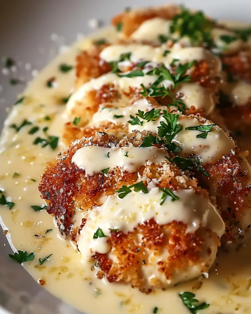 Crispy Parmesan Chicken with Garlic Cream Sauce