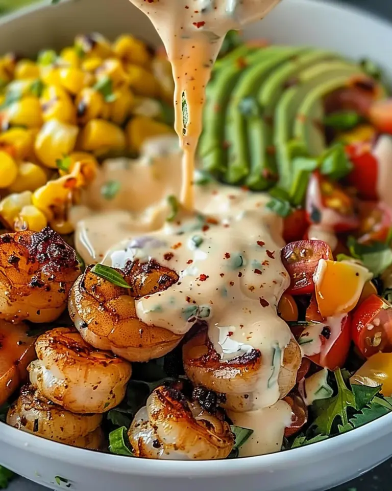 Grilled Shrimp Bowl with Avocado, Corn Salsa & Creamy Garlic Sauce: An Incredible 7-Ingredient Recipe