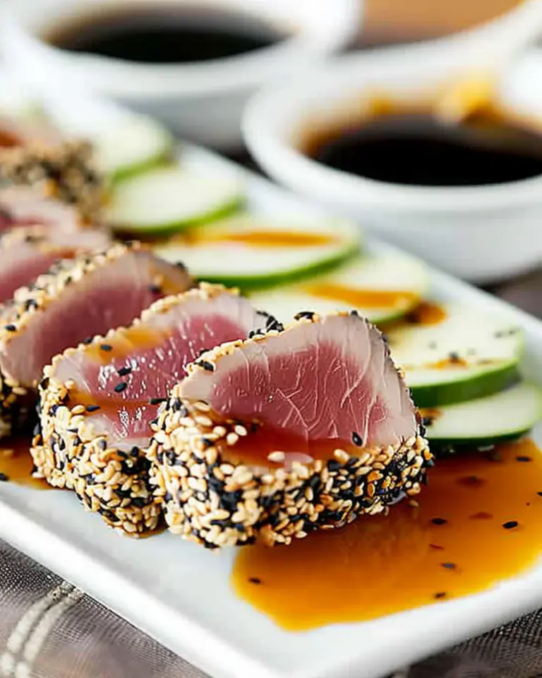 Seared sesame crusted tuna with orange ginger soy sauce