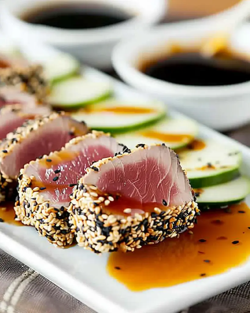 Seared sesame crusted tuna with orange ginger soy sauce