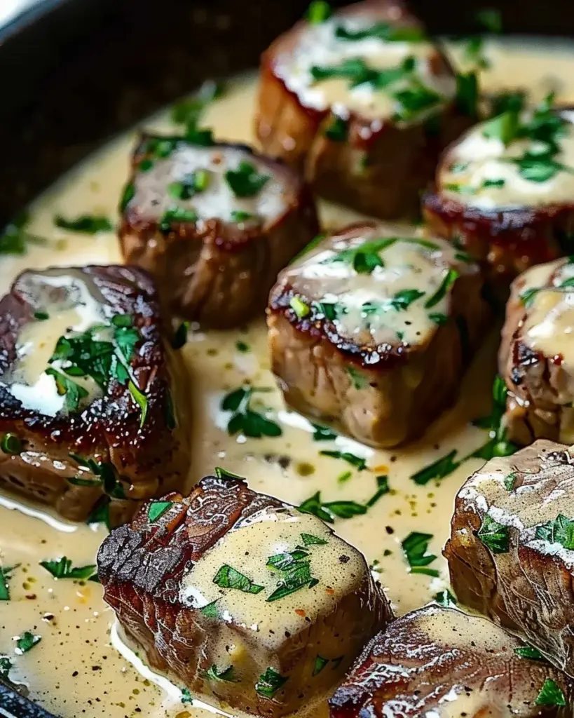 Tender Steak Bites in Garlic Butter with Creamy Parmesan Sauce