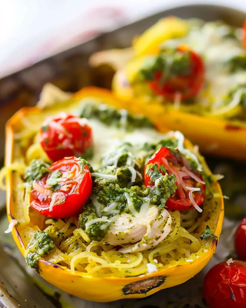 Pesto Chicken Stuffed Spaghetti Squash