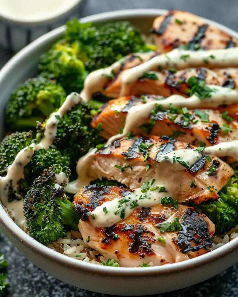 Grilled Chicken & Broccoli Bowls with Creamy Garlic Sauce