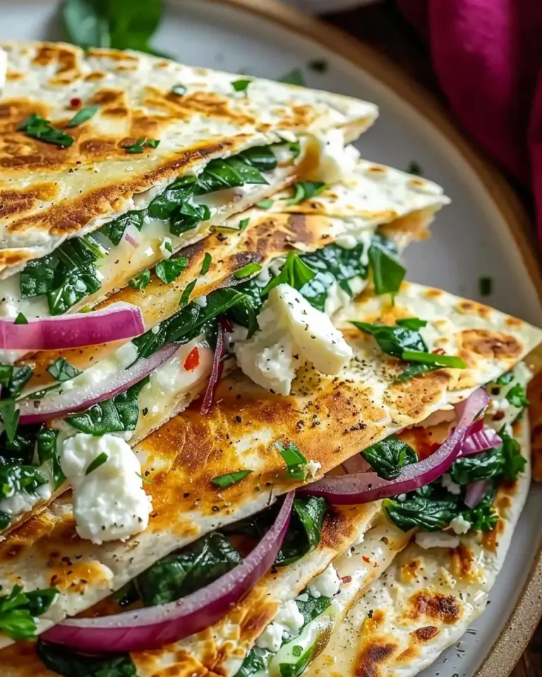 Mediterranean Quesadillas with Spinach Feta Mozzarella and Red Onion