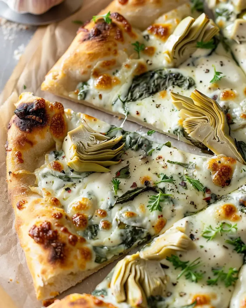 artichoke pizza with spinach parmesan cream sauce