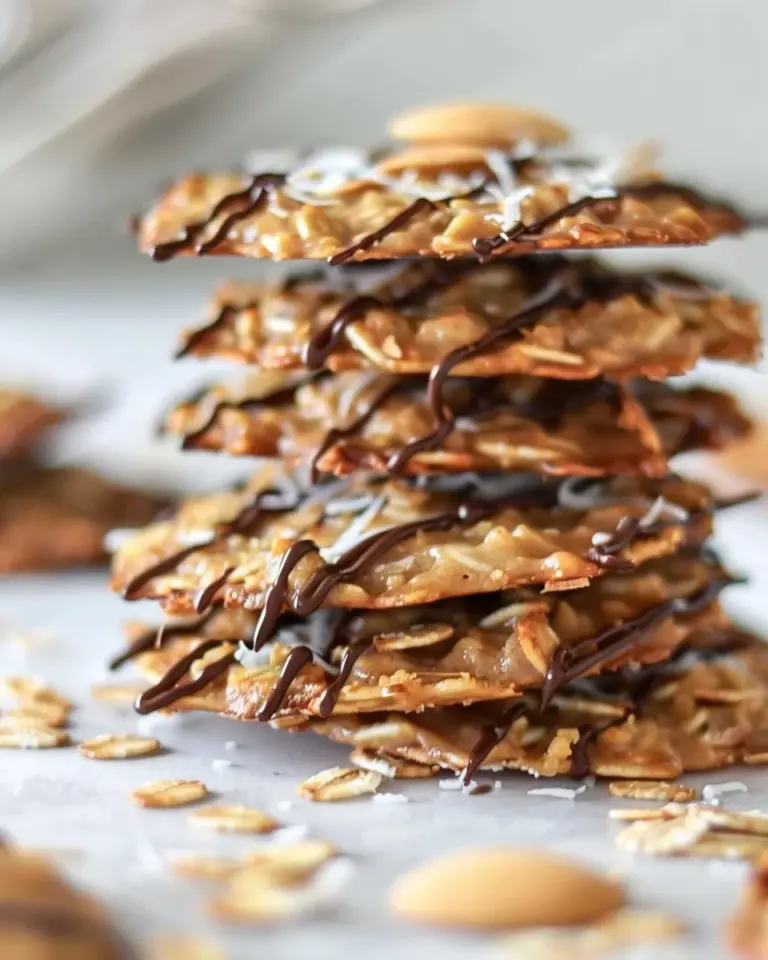 Thin Crispy Oatmeal Cookies with Toasted Coconut and Chocolate Drizzle
