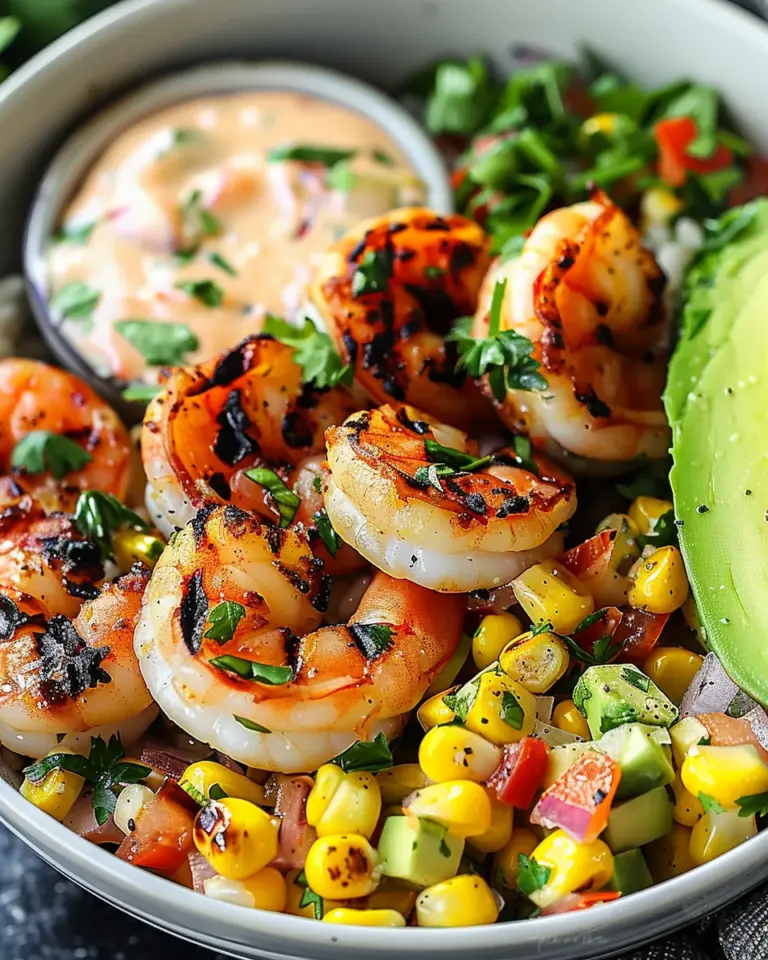 Grilled Shrimp Bowl with Avocado, Corn Salsa & Creamy Garlic Sauce