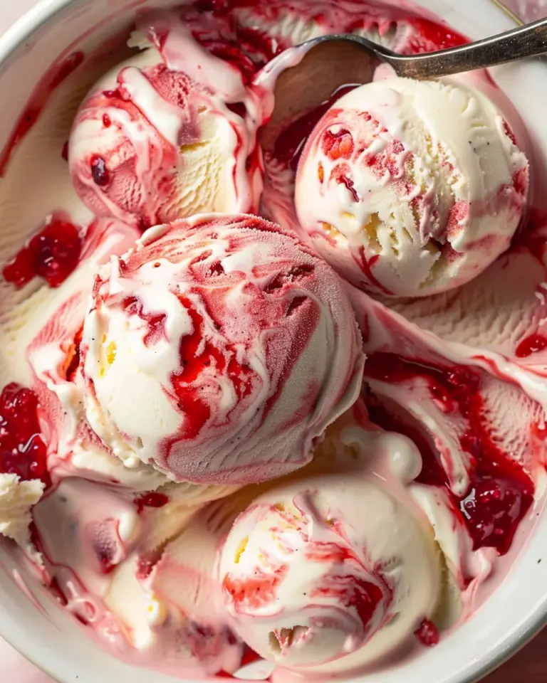 Mascarpone Ice Cream swirled with Strawberry Sauce