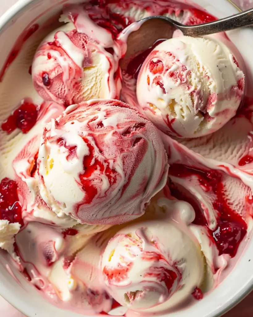 Mascarpone Ice Cream swirled with Strawberry Sauce