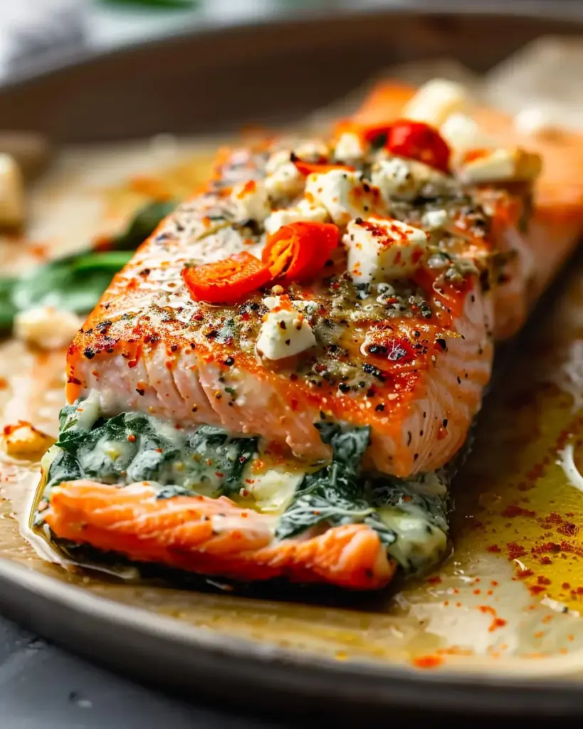 Simple Baked Stuffed Salmon with Spinach and Feta